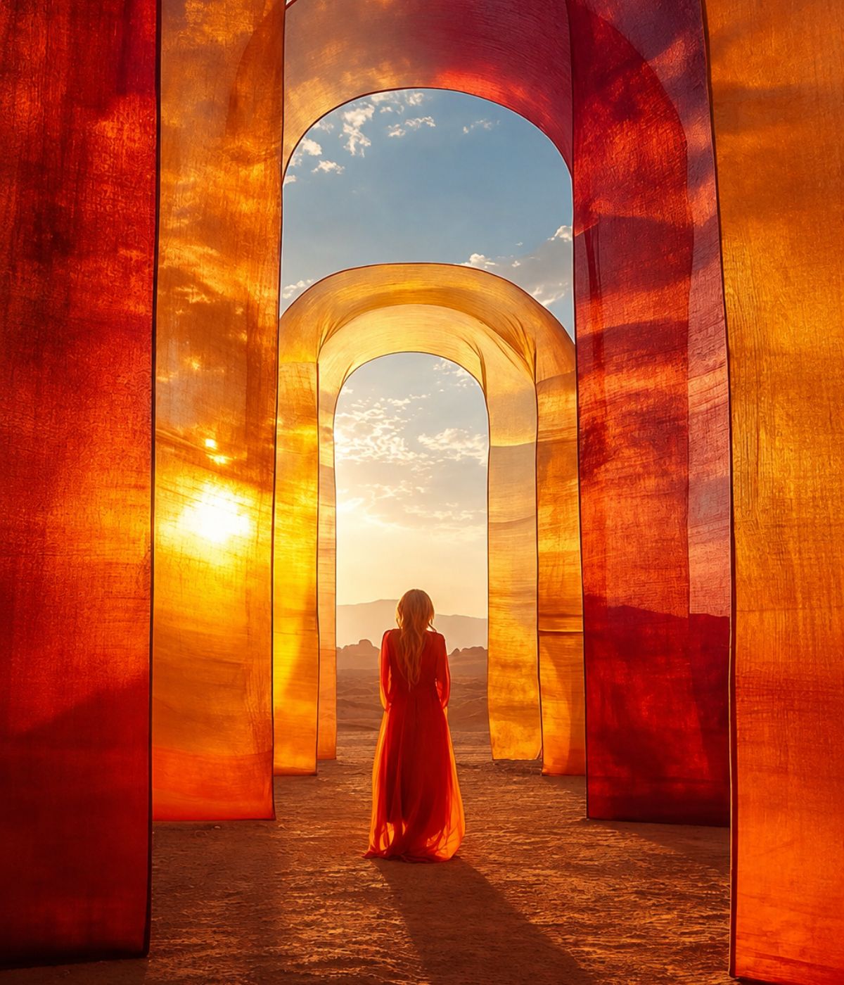 A figure in a red dress standing in a glowing archway at sunset