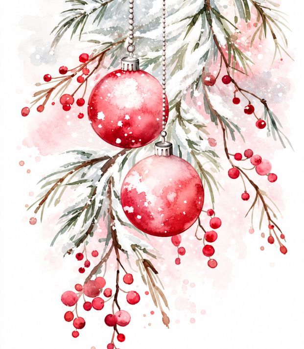 A watercolour painting of two red baubles hanging from snow-dusted pine branches strung with red berries