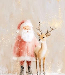 A painting of Father Christmas standing beside a young deer, in soft pinks and creams flecked with gold
