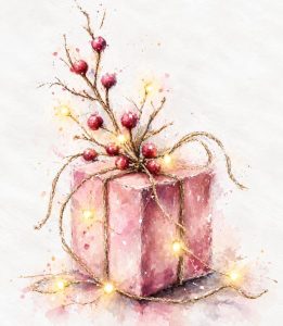 A watercolour painting of a pink gift box tied with twine and fairy lights, topped with sprigs of red berries