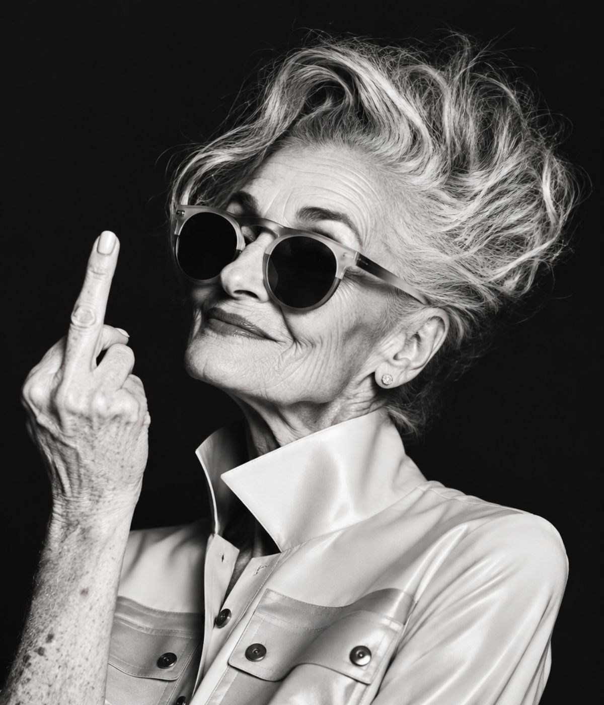 A black and white portrait of an older woman in sunglasses raising her middle finger