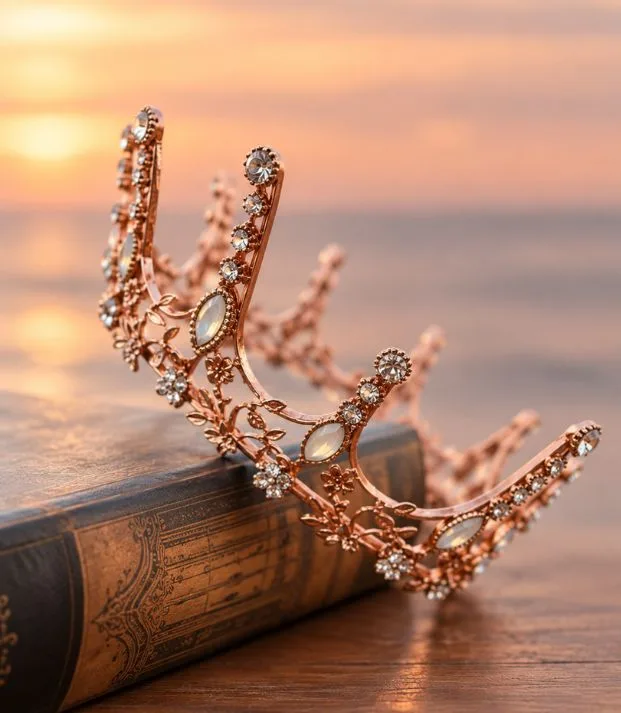 A jewelled crown resting on a wooden block, the sea at sunset behind it