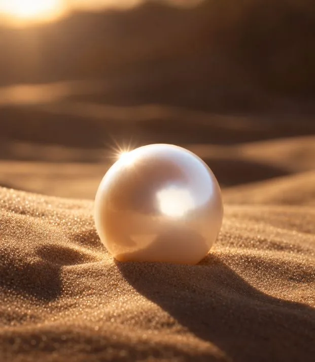 A single pearl resting on rippled sand
