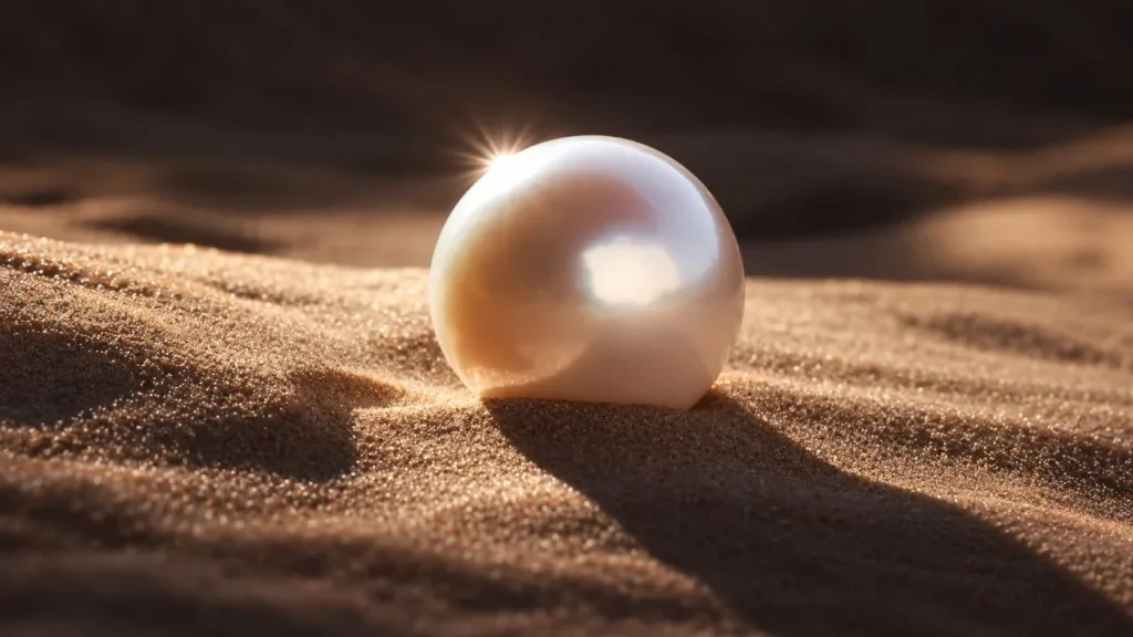 A single pearl resting on rippled sand