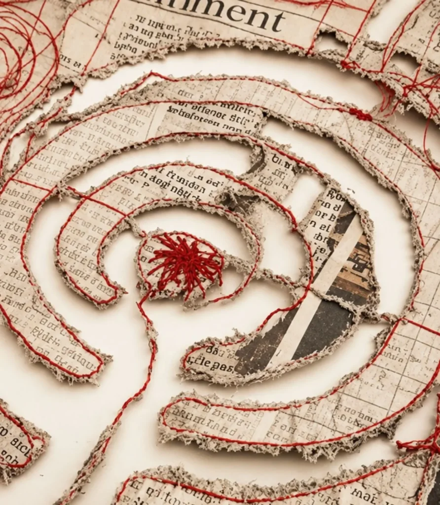 A spiral stitched in red thread across old printed book pages